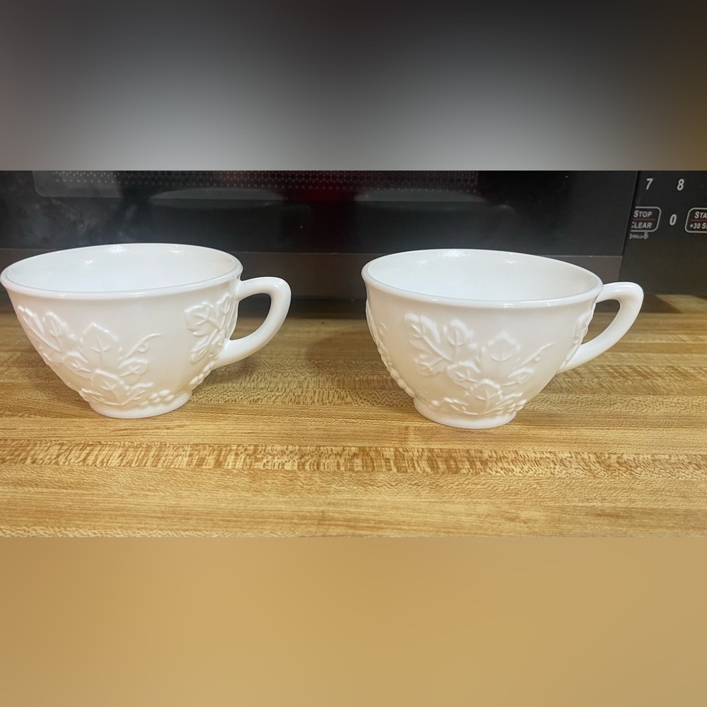 Milk Glass Tea Cups Indiana Glass Colony Harvest Grape Pattern Mid Century